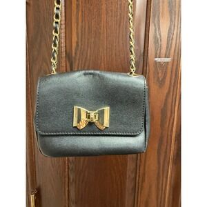 Borse in Pelle made in Italy Black Faux Leather Mini Shoulder Bag Gold Tone Bow